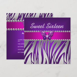 Convite Doze Anos Roxo Rosa Zebra Prata Borboleta