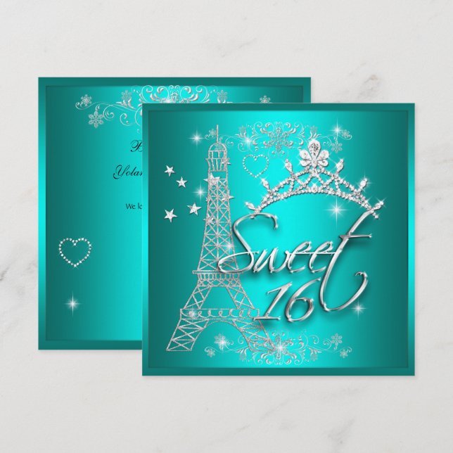 Convite Doze Anos Torre Eiffel Tiara Azul Turquesa (Frente/Verso)