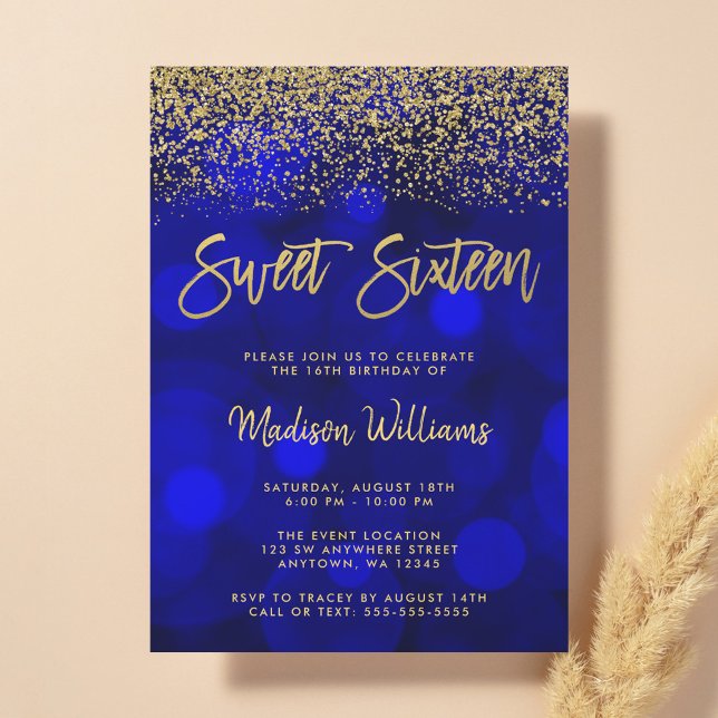 Convite Doze Azul Bokeh Brilho Dourado Sweet 16 (Criador carregado)