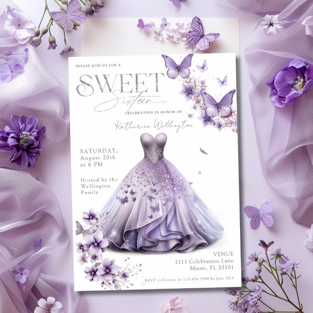 Convite Doze Borboletas Florais de Lilás Roxo (Sweet 16 Sixteen Purple Lilac Floral Butterflies Invitation)