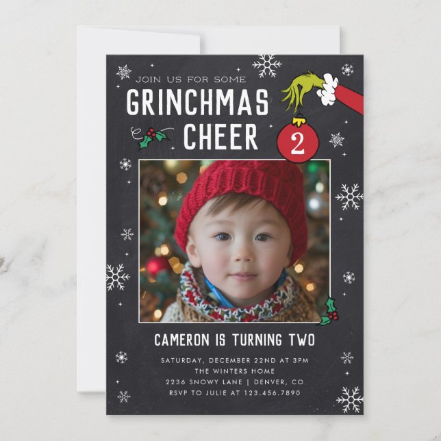 Convite Dr. Seuss | Grinch Quadro Negro Foto Aniversário (Frente)