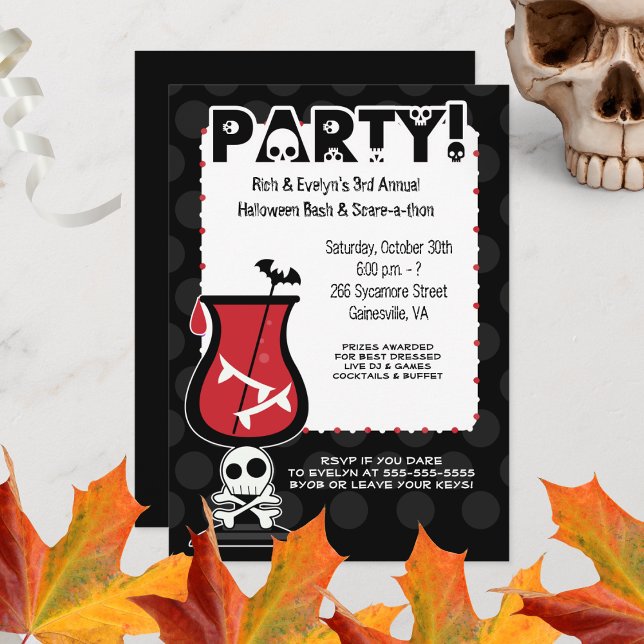 Convite Dracula Cocktail Skulls Adultos Festa do Halloween (Skull Adult Halloween Cocktail Party Invitation)