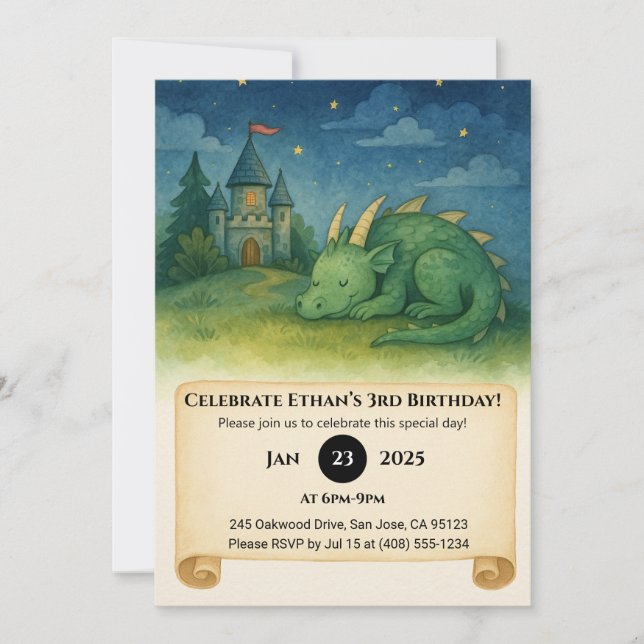 Convite Dragão Adormecido Sob o Céu Estrelado de Aniversár (Frente)