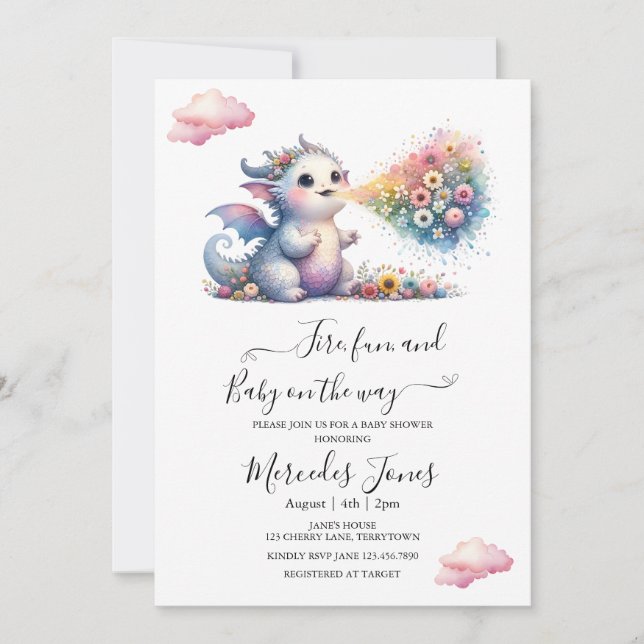 Convite Dragão-Bebê-Aquarela Com Fogo-Arco-Íris (Frente)