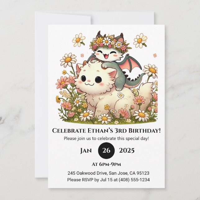 Convite Dragão-bebê e Gato Fluffy no Aniversário da Flor (Frente)