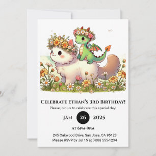 Convite Dragão Bebê e Gato Fofo no Aniversário das Flores