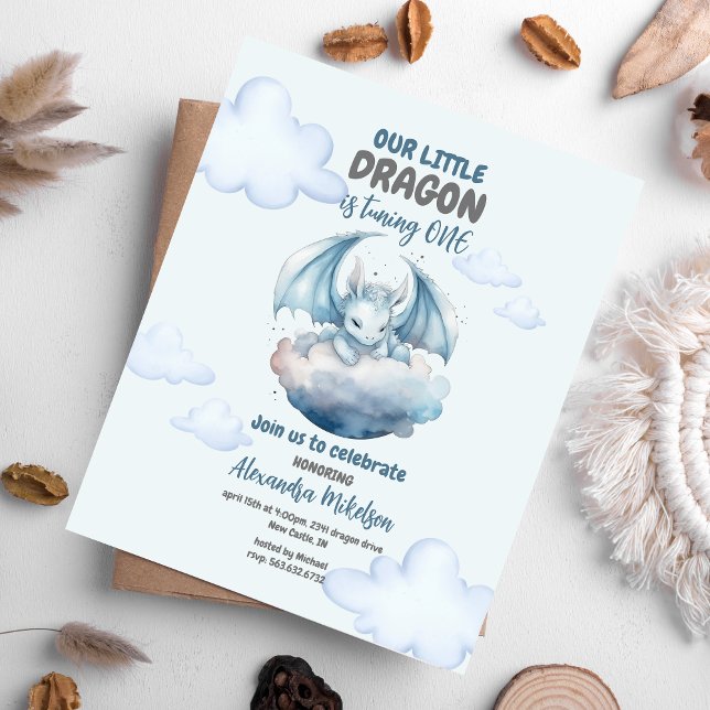Convite Dragão de Cor Azul primeiro aniversario (Create Magic with Cute Watercolor Dragon Baby 1st Birthday Invitation )