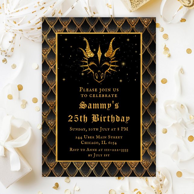 Convite Dragão Dourado com Festa de aniversário de Escala  (Criador carregado)