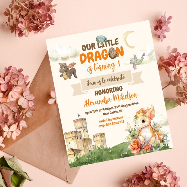 Convite Dragão Dragão de Cor Única, primeiro aniversario B (Create Magic with Cute Watercolor Dragon Baby 1st Birthday Invitation )