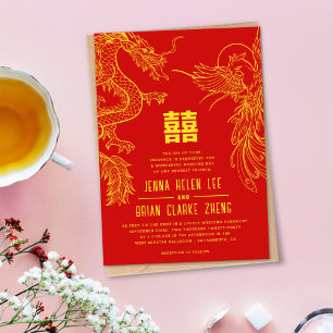 Convite Dragão e Fênix Dupla Felicidade Dourado+Vermelho