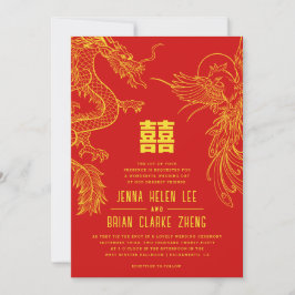 Convite Dragão e Phoenix Dupla Felicidade | Padrão traseir