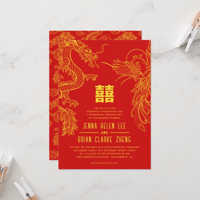 Convite Dragão e Phoenix Dupla Felicidade | Padrão traseir (Frente/Verso In Situ)