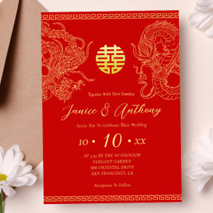Convite Dragão fênix de ouro vermelho casamento chinês 