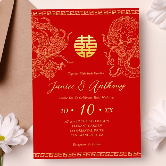 Convite Dragão fênix de ouro vermelho casamento chinês  (Criador carregado)