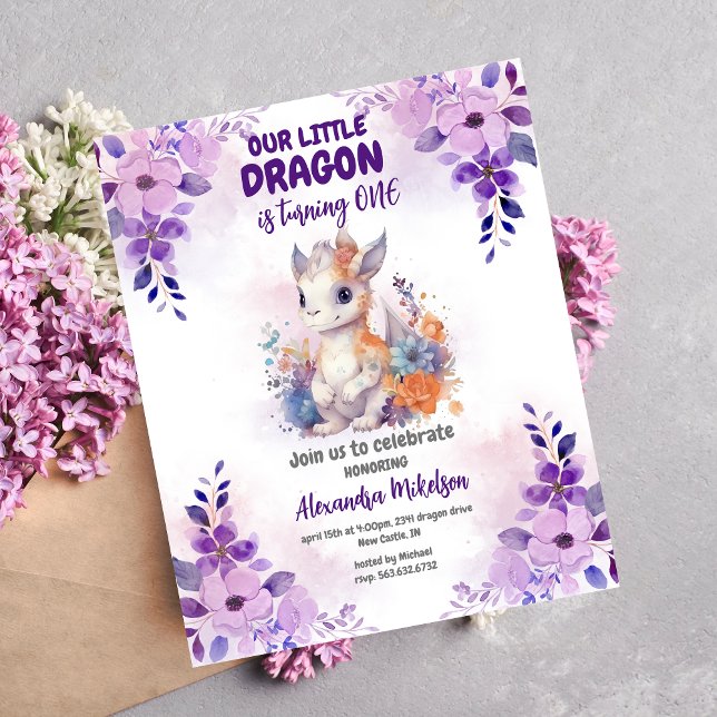 Convite Dragão primeiro aniversario de Cor d'água roxa (Create Magic with Cute Watercolor Dragon Baby 1st Birthday Invitation )