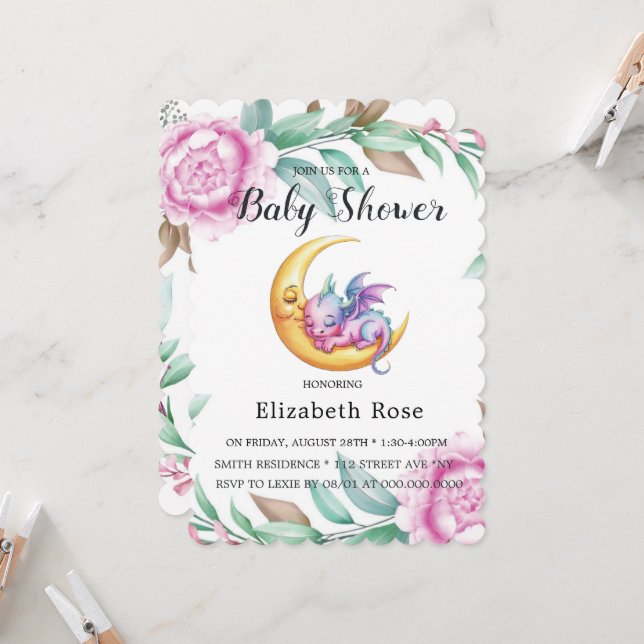 Convite Dragão Rosa e Chá de fraldas de Menina (Frente/Verso In Situ)