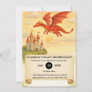Convite Dragão Vermelho Voando Sobre O Castelo Scroll Aniv