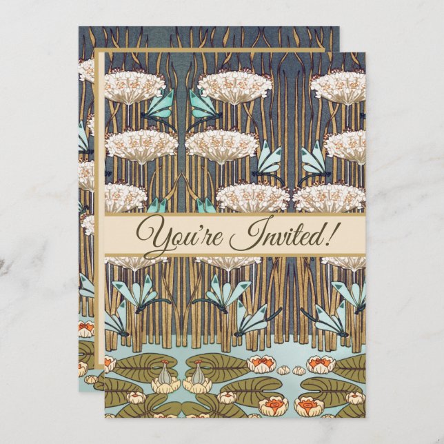 Convite Dragões Água Lírios Marsh Art Nouveau (Frente/Verso)