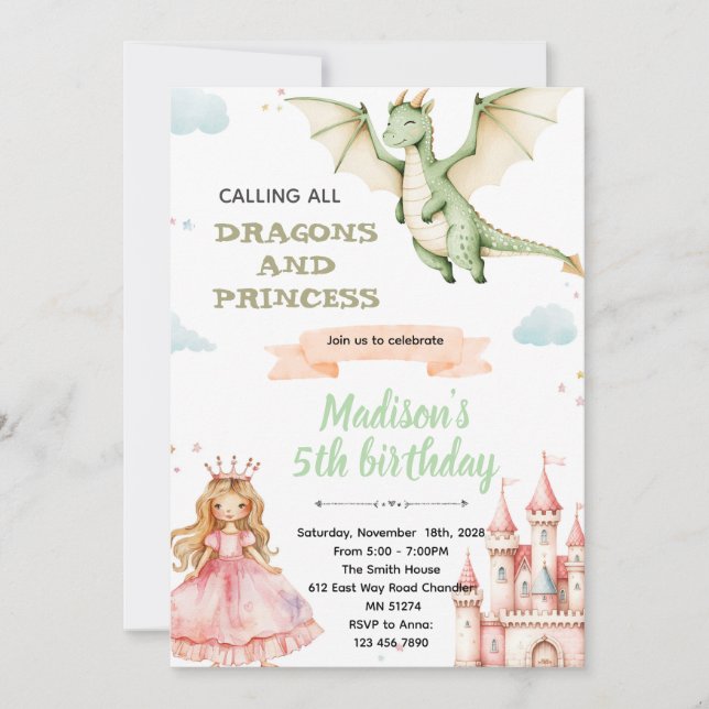 Convite Dragon and princess Birthday Party Invitation (Frente)