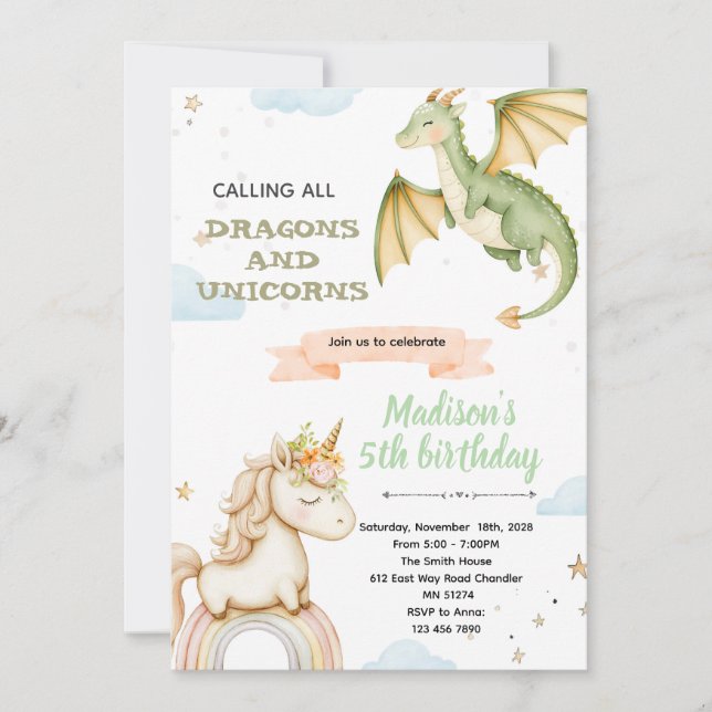 Convite Dragon and unicorn Party Invitation (Frente)
