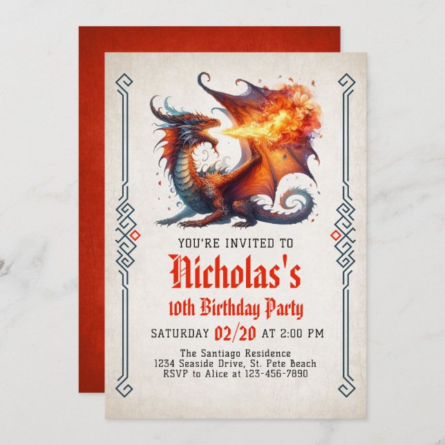 Convite Dragon Fire Fantasy Aniversário (Frente/Verso)