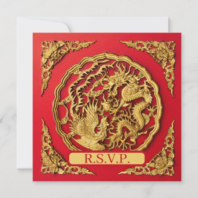 Convite Dragon Phoenix Red Gold Chinese Wedding RSVP (Frente)