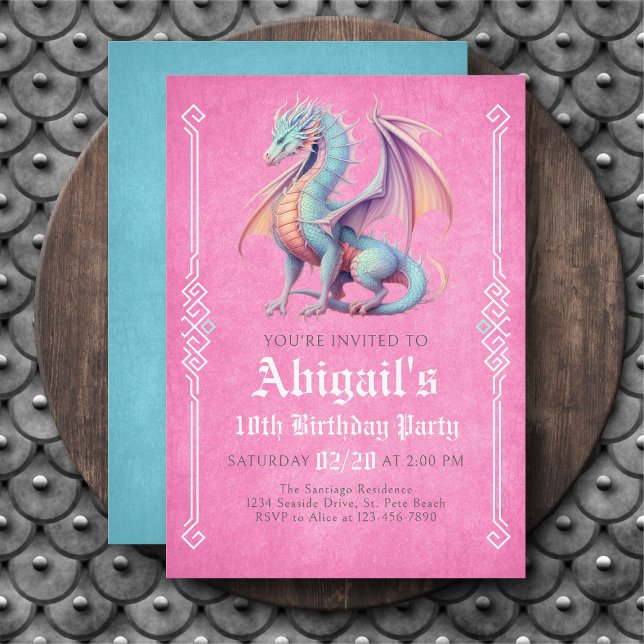 Convite Dragon Pink Aqua Girls Birthday Invitation (Criador carregado)