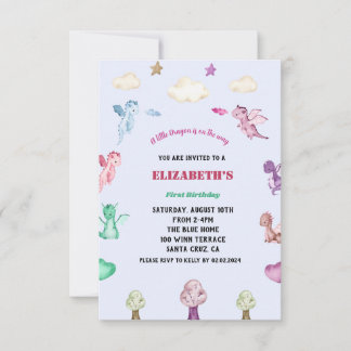 Convite Dragon Watercolor Girl Birthday