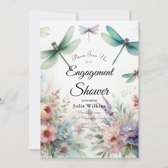 Convite Dragonflies and Pastel Florals Engagement Shower (Frente)