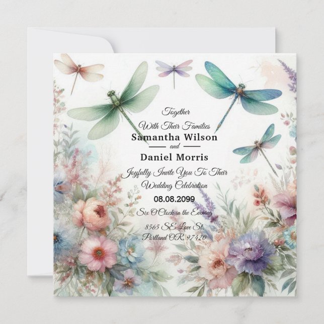 Convite Dragonflies and Pastel Florals Wedding (Frente)