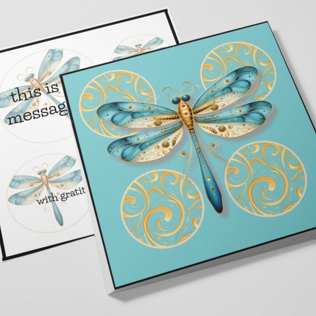 Convite Dragonfly azul e Dourada com borda (Aqua and gold dragonfly customizable greeting card with gold accents and circles. )