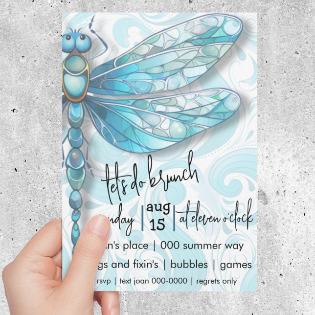 Convite Dragonfly Azul | Picos Azuis de Aqua | Programa Na (Blue dragonfly customizable brunch or birthday invitation with aqua swirls. )