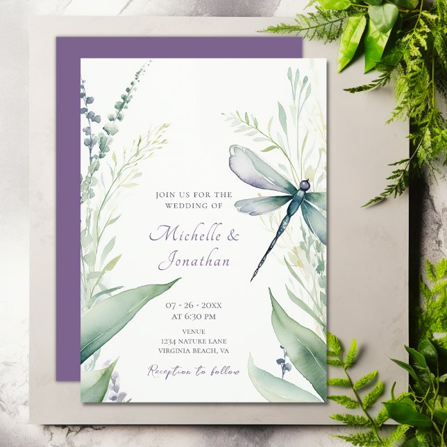 Convite Dragonfly bonito e Casamento Verde (Pretty Watercolor Dragonfly and Greenery Wedding Invitation)