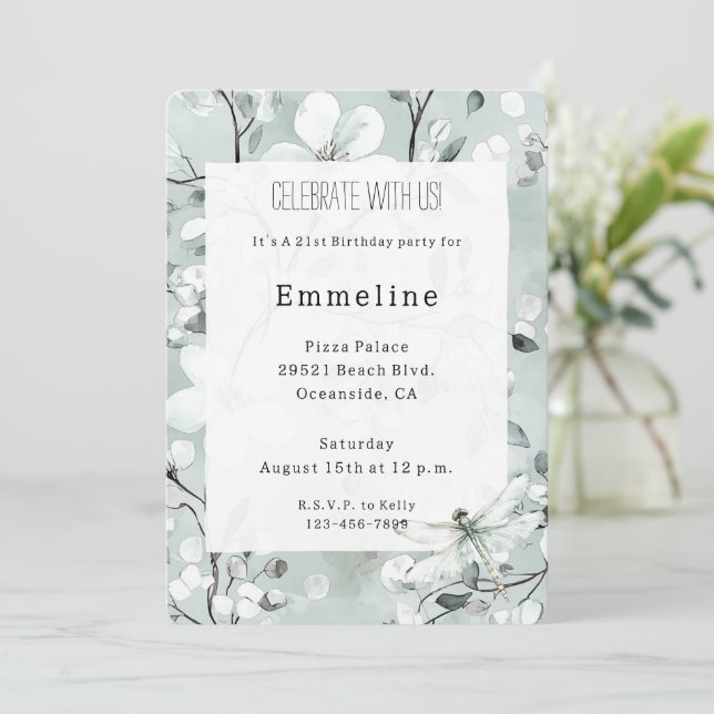 Convite Dragonfly Chic Blue Dragonfly Dream Floral Birthda (Em pé/Frente)