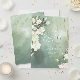 Convite Dragonfly Floral Sweet 16 Sage Verde ID1310