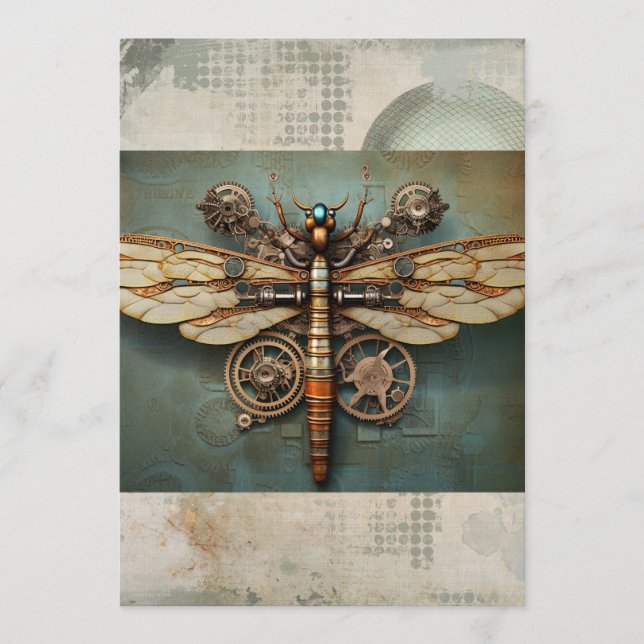 Convite Dragonfly Mecânica Steampunk Vintage Scrapbook (Frente)