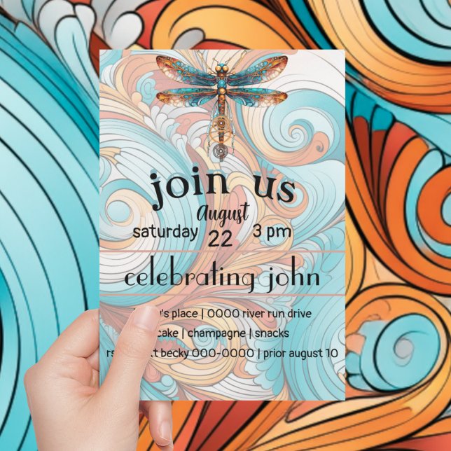 Convite Dragonfly Whimsical | Picos | Partido Steampunk (Customizable steampunk dragonfly and swirls party invitation in blue and orange, )