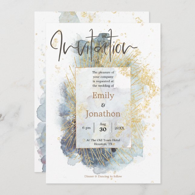 Convite Dramatic Blue Ombre Watercolor Lines Casamento (Frente/Verso)
