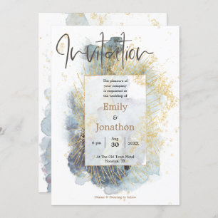 Convite Dramatic Blue Ombre Watercolor Lines Casamento