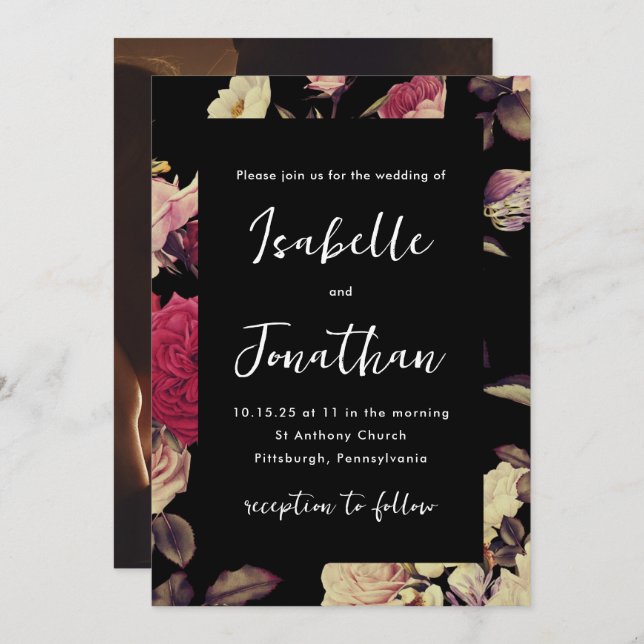 Convite Dramatic Moody Floral Photo Wedding Black (Frente/Verso)