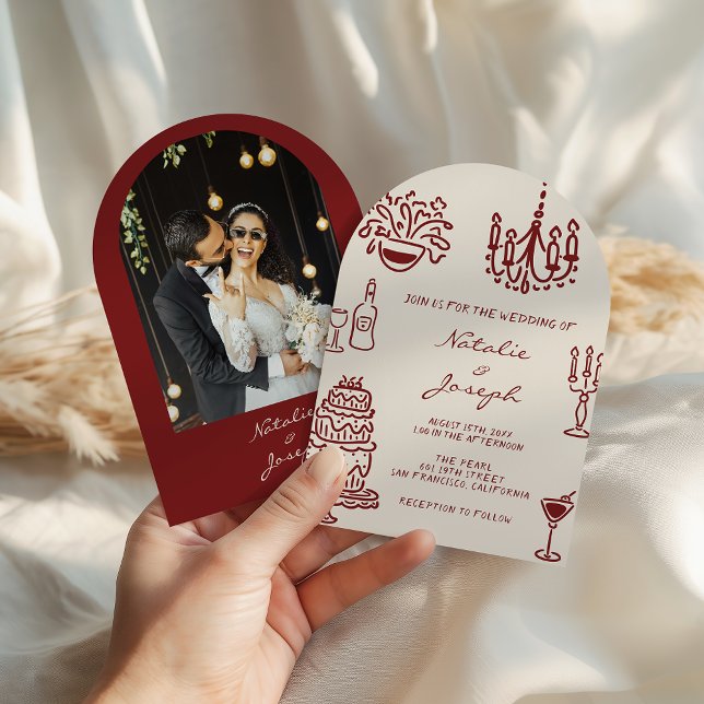 Convite Drawn Burgundy Romantic Photo Arched Wedding (Criador carregado)