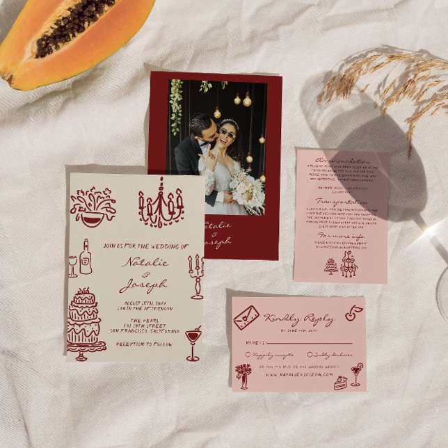 Convite Drawn Burgundy Romantic Whimsical Photo Wedding (Criador carregado)