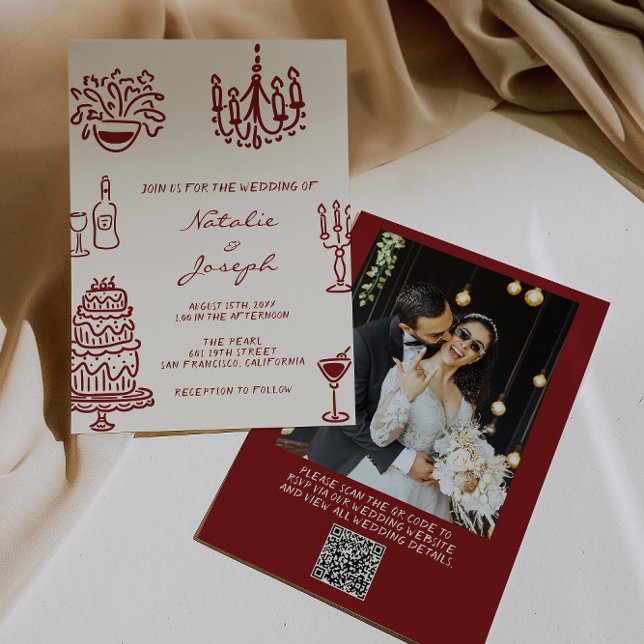 Convite Drawn Burgundy Whimsical Photo QR Code Wedding (Criador carregado)