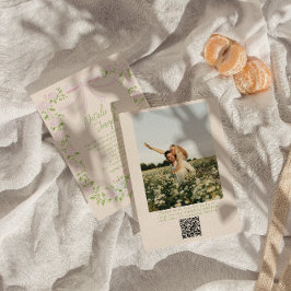 Convite Drawn Green Pink Bow Floral Photo QR Code Wedding