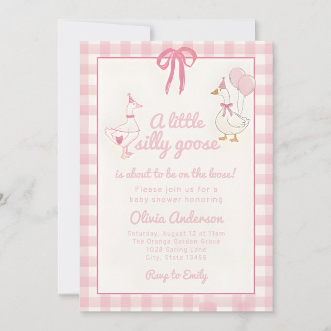 Convite Drawn Silly Goose pink Gingham Ribbon Baby Shower (Frente)
