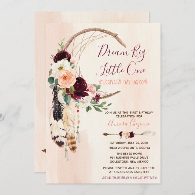 Convite Dream Big Peach & Burgundy Boho Primeiro Aniversár (Frente/Verso)