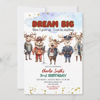 Convite Dream Big Reindeer Career Theme Kids Birthday
