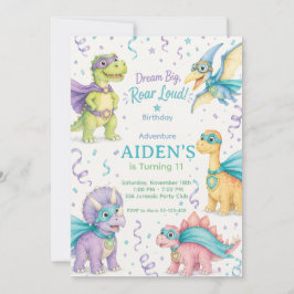 Convite Dream Big Roar Loud Dinosaur Birthday Watercolor