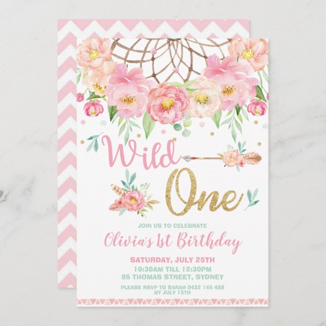 Convite Dream Catcher Wild One primeiro aniversario Boho F (Frente/Verso)