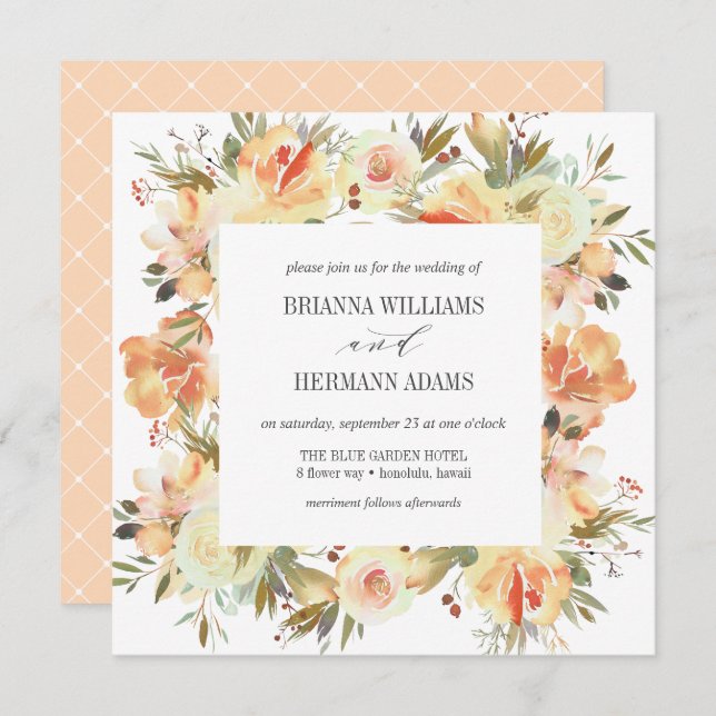 Convite Dream Peach | Casamento de Diamante Floral de Prim (Frente/Verso)